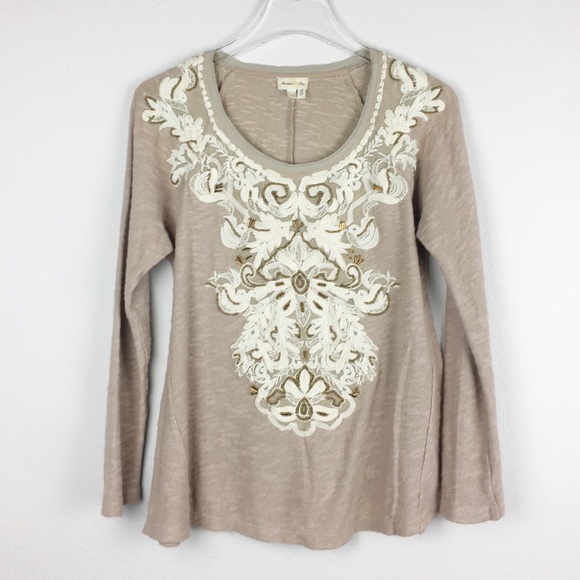 Anthropologie Tops - Meadow Rue | Tan Cream Gold Embroidered Blouse XS